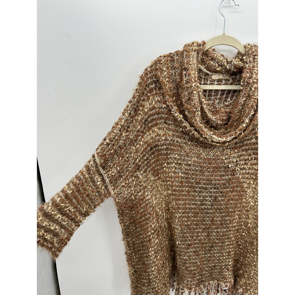 Ryu Womens Brown Cream Fringed Cowl Neck Eyelash Knit Poncho Sweater M/L Boho - Picture 5 of 8